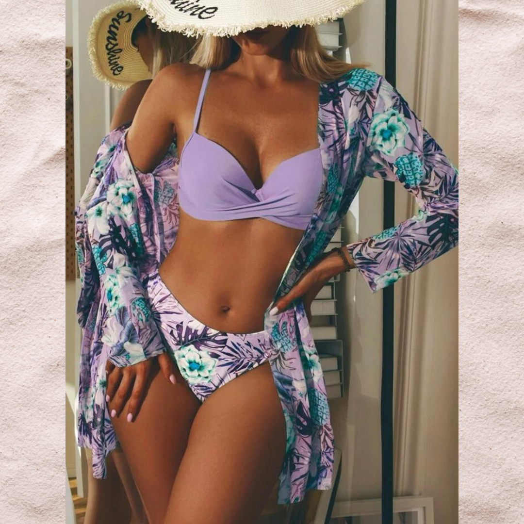 Women's Bikini Set – Twist Detail Top – Moderate Coverage – Floral Sheer Overlay