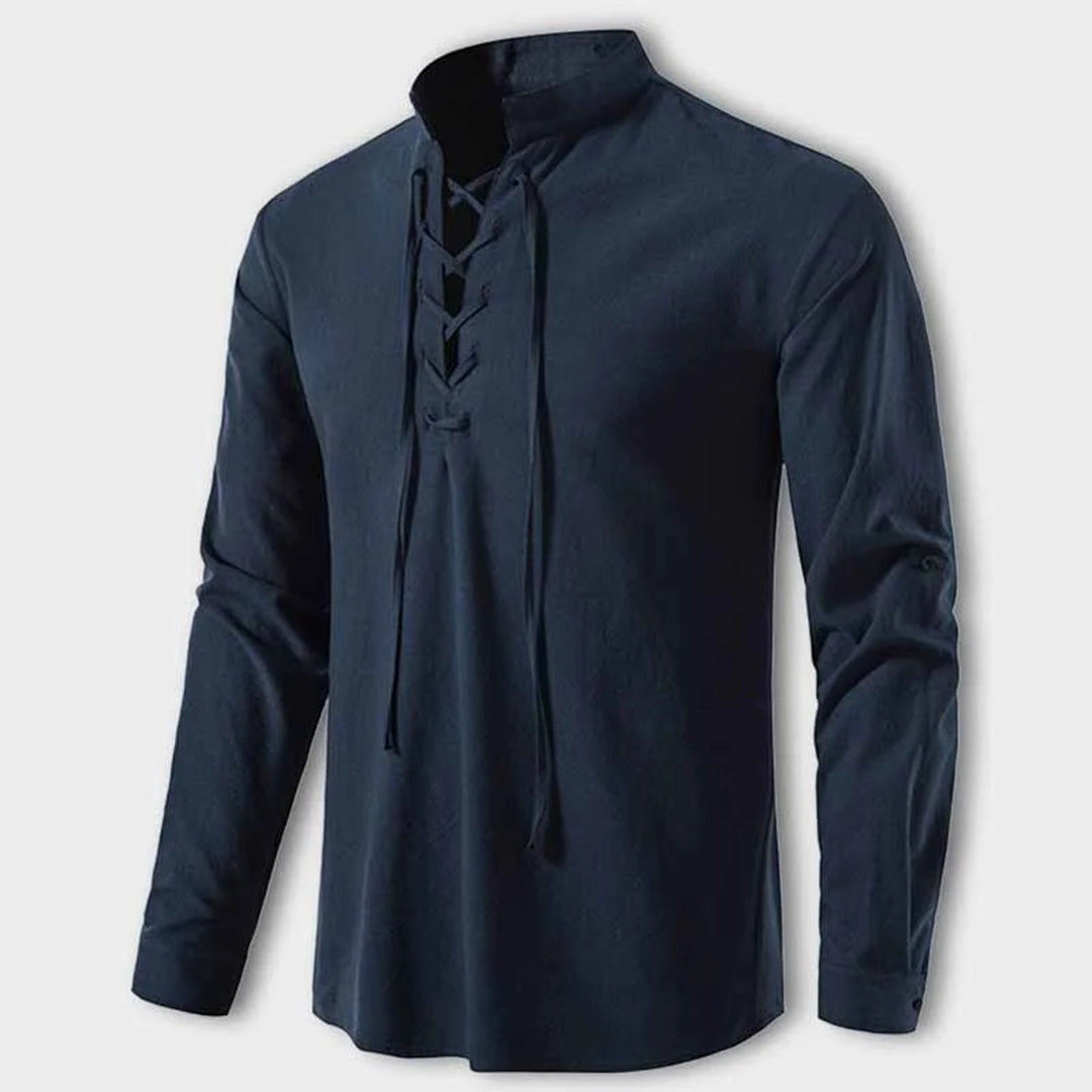 Men's Shirt – Long Sleeve with Lace Details – Mandarin Collar – Relaxed Fit