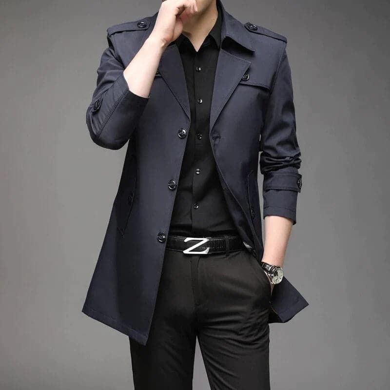 Men's Trench Coat - Classic Cut - Medium Length - Double-Breasted - Adjustable Cuffs