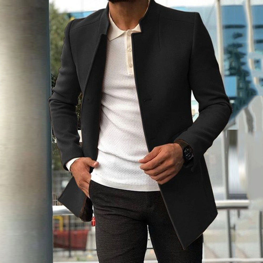 Men's Coat - Slim Fit - Stand Collar - Minimalist Design - Medium Length