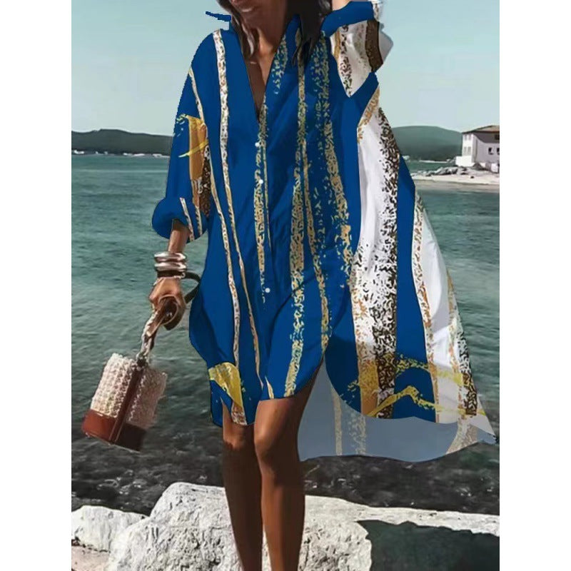 Women's Dress – V-neck – Relaxed Fit – Abstract Pattern – Breathable Fabric