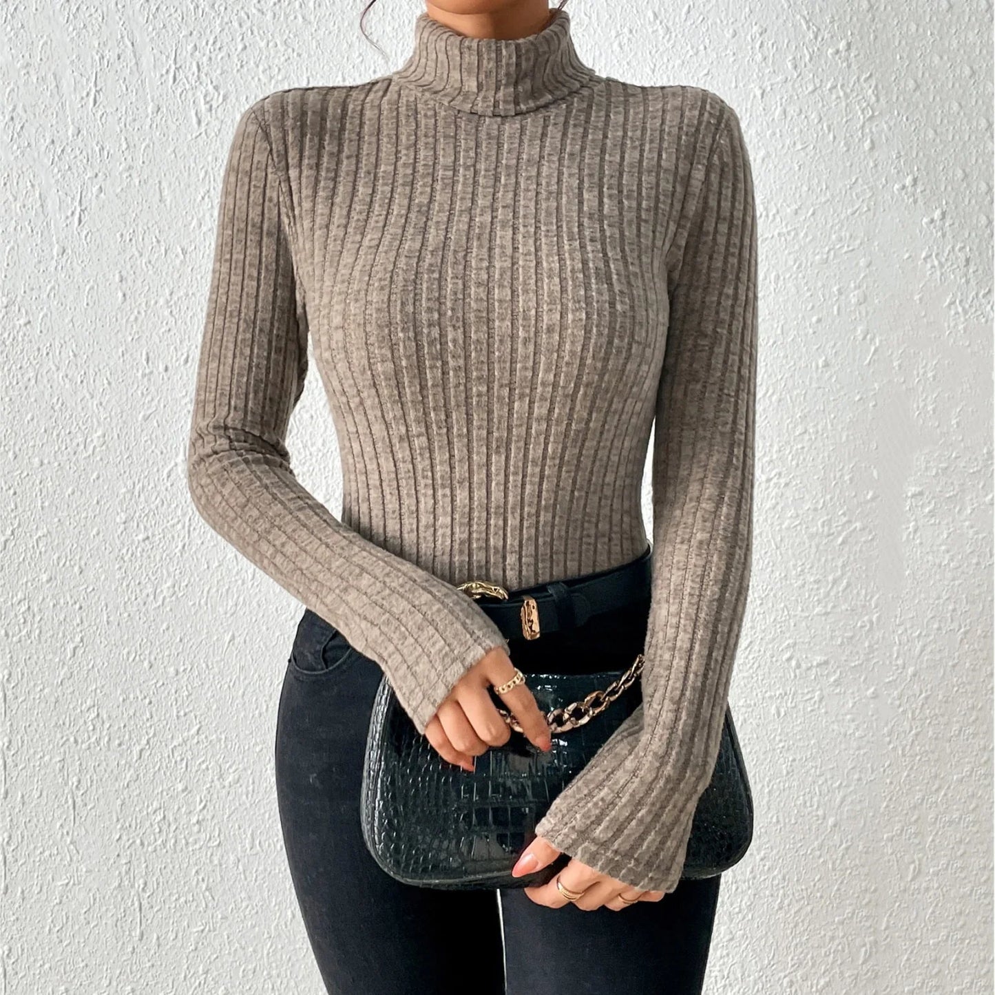 Women's Sweater with High Neck – Slim Fit – Ribbed Wool Blend – Long Sleeves