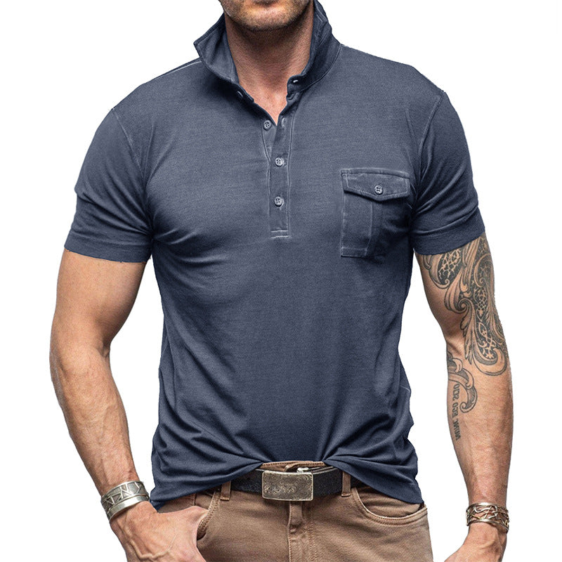 Men's Pique Shirt – Slim Fit – Short Sleeve – Breathable Cotton – Stand Collar – Chest Pocket
