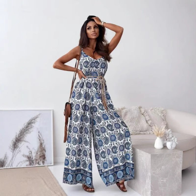 Damebuksedress uten ermer – Vid ben – V-hals – Knyting i livet – Blomsterprint