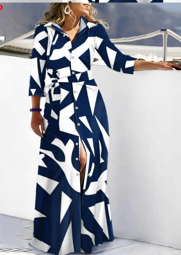 Women's Shirt Dress – Straight Fit – Belt at the Waist – Long Sleeves – Abstract Pattern