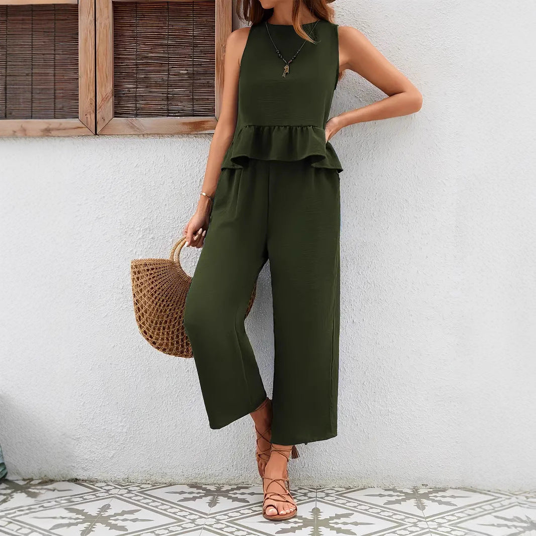 Women's Jumpsuit – Breathable Fabric – Sleeveless Vest – Wide Legs – Ruffle Waistband