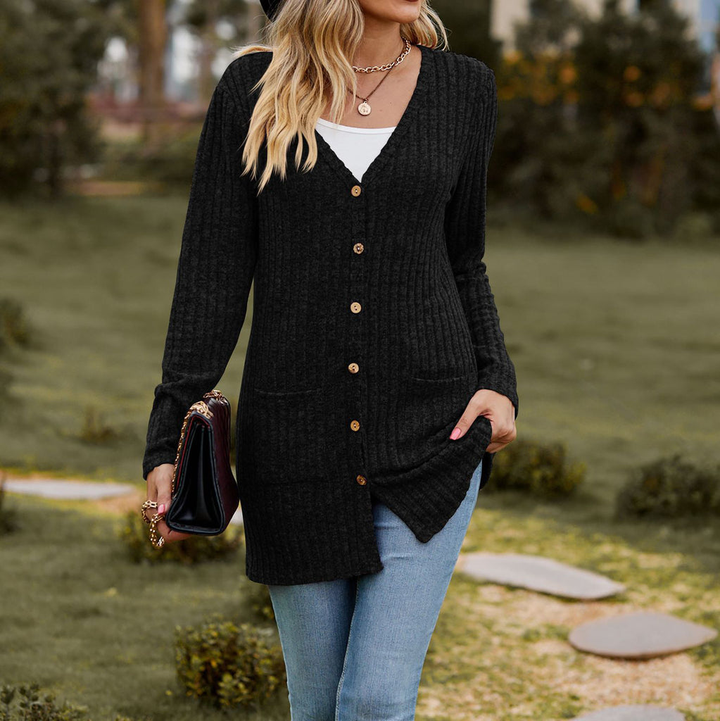 Women's Cardigan – Wool Knit – Relaxed Fit – Buttons – Rib Knit with Pockets