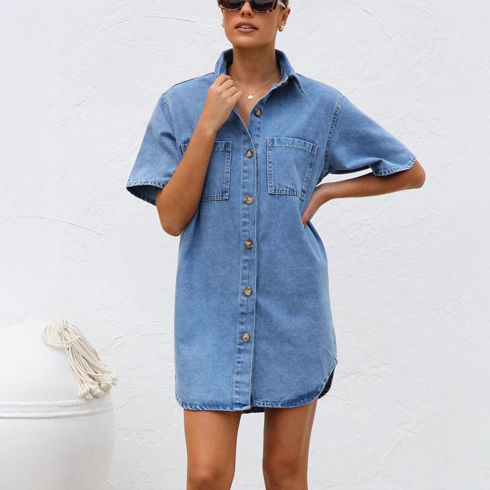 Women's Shirt Dress – Denim – Oversized Fit – Short-Sleeved with Buttons and Chest Pockets