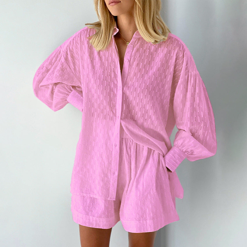 Women's set with blouse and shorts – Jacquard fabric – Relaxed fit – Puff sleeves