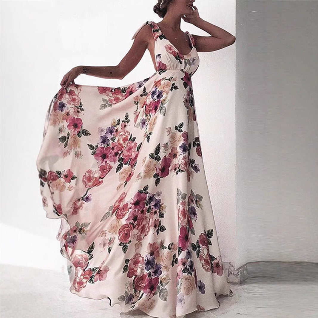 Dress woman maxi – A-line fit – Sleeveless backless – Floral print – Spaghetti straps