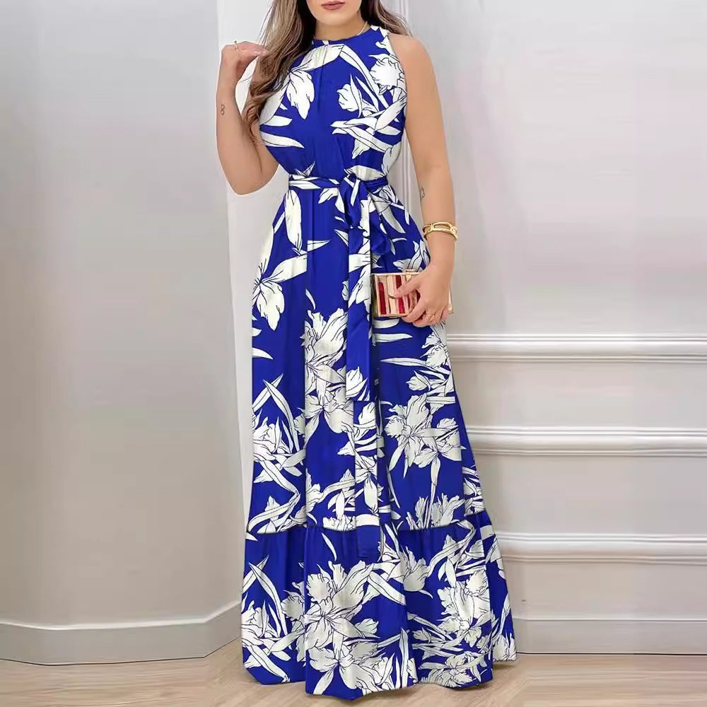 Women's Maxi Dress – Halterneck – Floral Print – Ruffle Hem – Tie Waist – Airy Fit