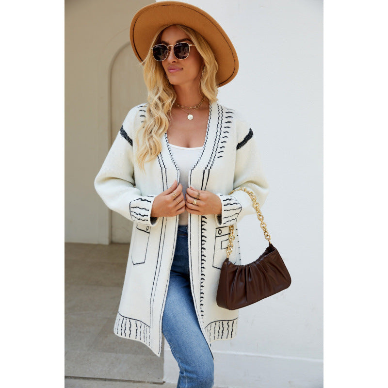 Women's Cardigan – Oversized Fit – Soft Knit – Jacquard Pattern – Mid-Length Layered