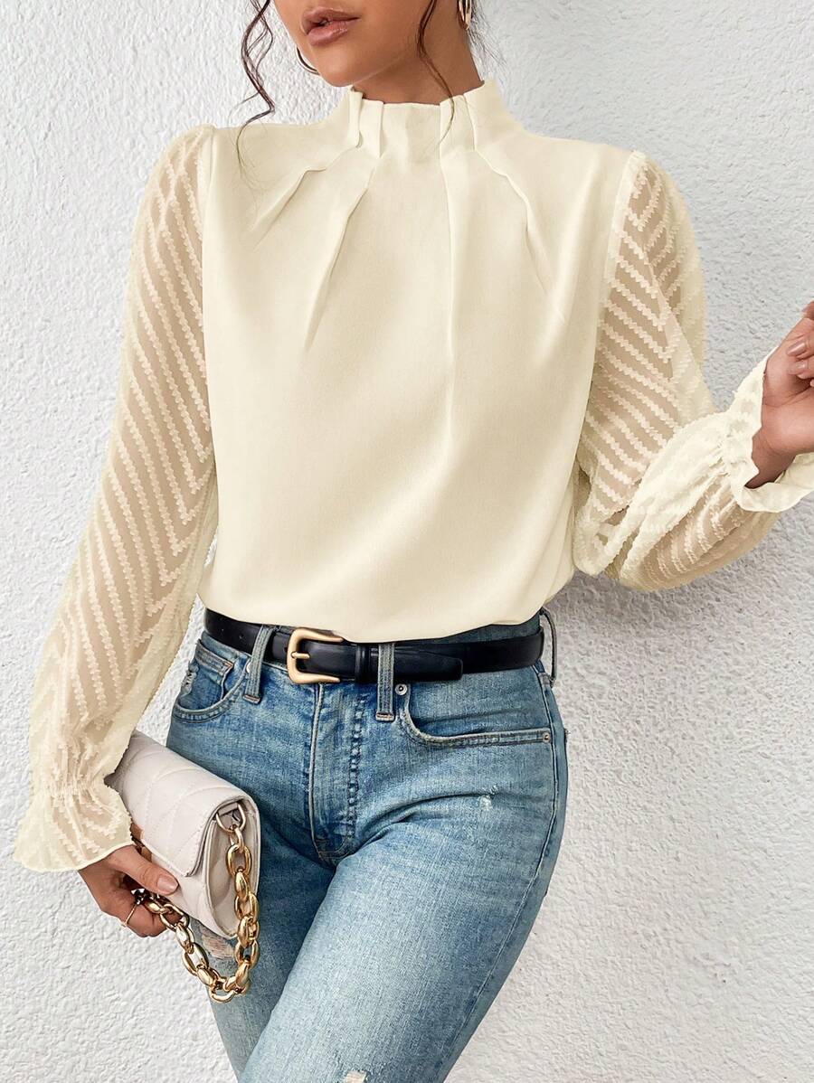 Women's Blouse – Relaxed Fit – High Neck – Sheer Sleeves – Elegant Style