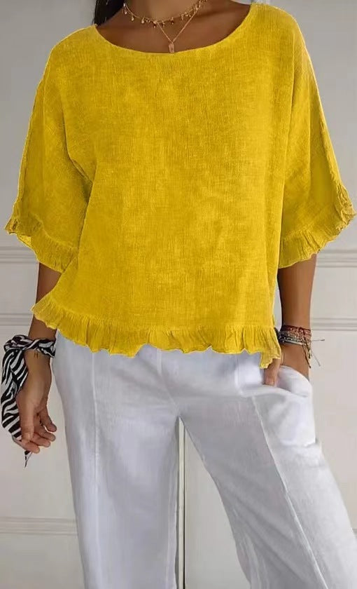 Women's Blouse – Linen and Cotton – Relaxed Fit – Ruffle Edge – Round Neck