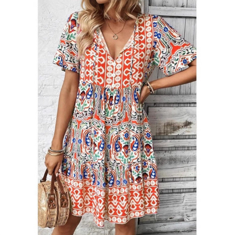 Dress for Women – V-Neck – Loose Fit – Short Sleeve – Printed Cotton Pattern