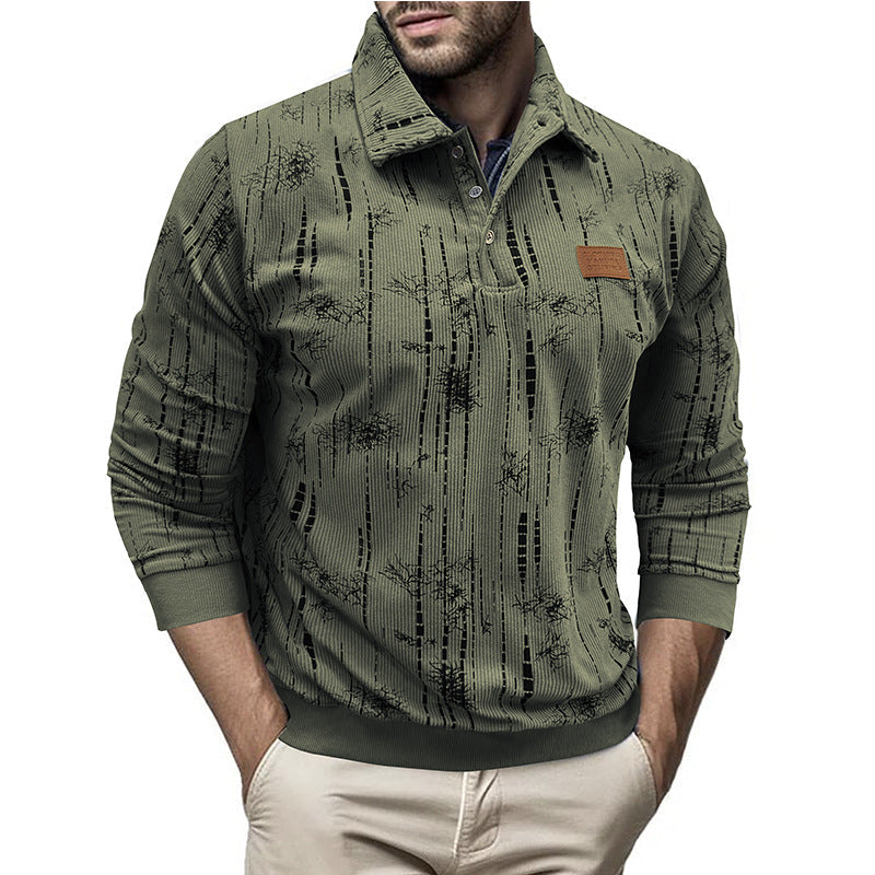 Men's Sweater – Relaxed Fit – Ribbed Knit – Button Collar – Patterned