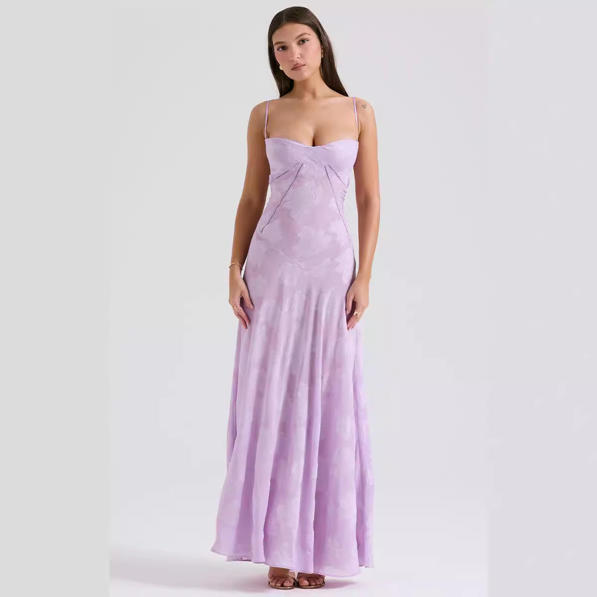Dress for Women – Chiffon – Slim Fit – Spaghetti Straps – Embroidered Evening Dress