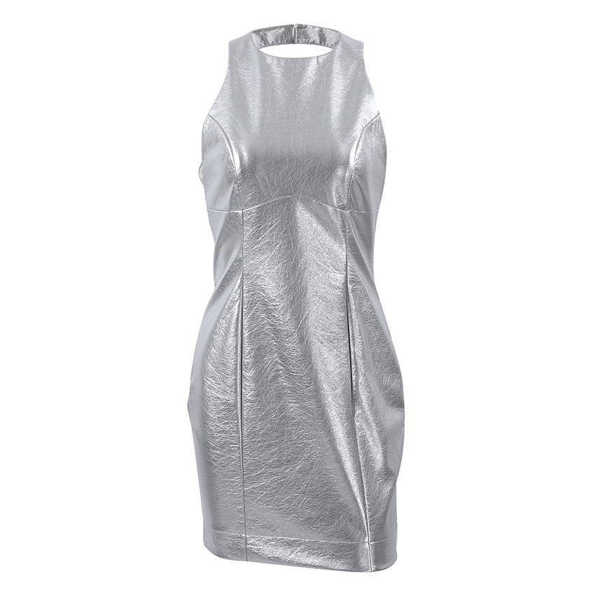 Dress woman – Sleeveless bodycon – PU leather – Slim fit – Mini length – Round neck