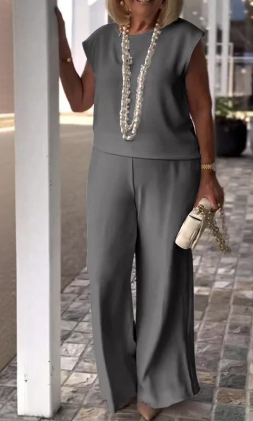 Women's Set – Sleeveless Top – Wide Pants – Elegant Casual Fit
