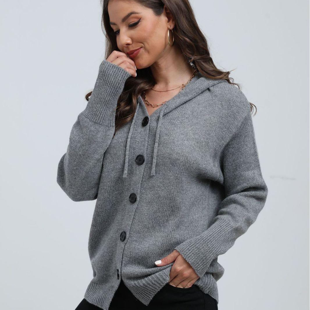 Women's Cardigan with Hood – Knitted Fabric – Relaxed Fit – Button Closure
