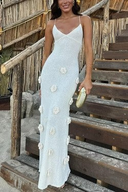 Dress for Women – Slim Fit – Knitted Fabric – 3D Flowers – Open Back with Ties