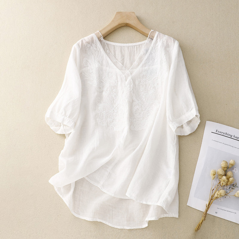 Women's Shirt with Short Sleeves – Loose Fit – Embroidered – Breathable Fabric – V-neck