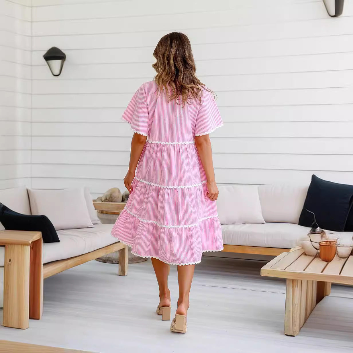 Dress for Women – V-neck – Loose Fit – Lace Trim – Knee-length with Ruffles