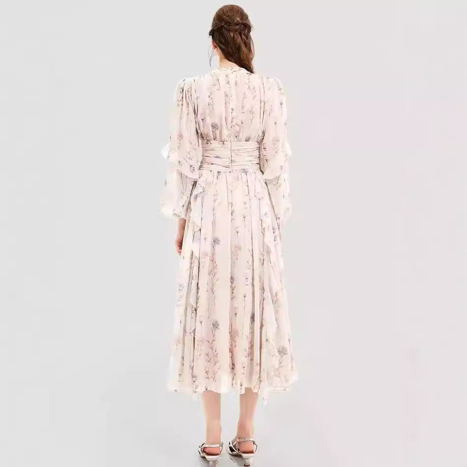 Damekjoole – Chiffon – Hel lengde – Lange ermer – Rysjer – Trykket mønster