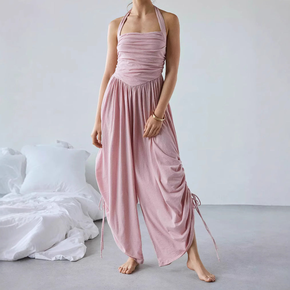 Women's Jumpsuit – Halterneck – Wide Leg – Ruched Waist – Adjustable Side Drawstrings