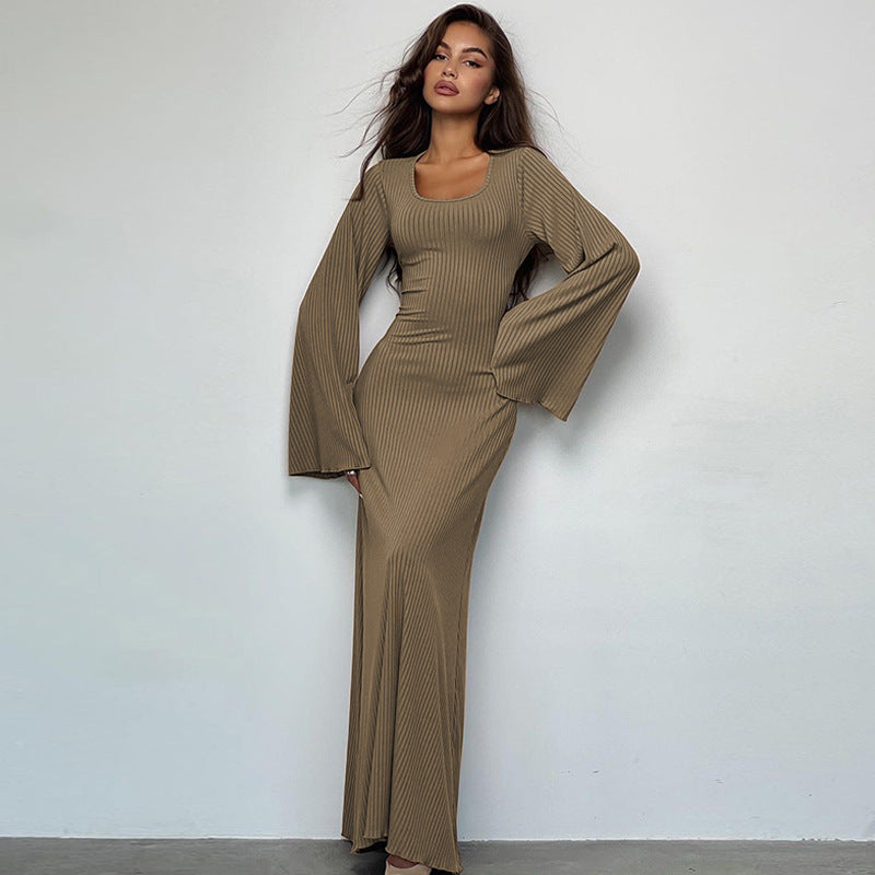 Dress for Women – Ribbed Stretch – Floor-length – Square Scoop Neck – Bell Sleeves