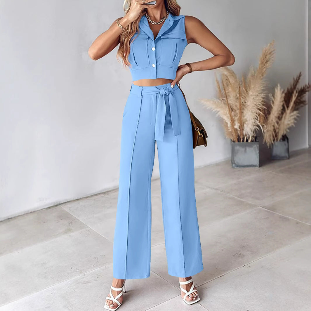 Women's Set with Sleeveless Crop Top – High Waist – Wide Pants – Belted Fit