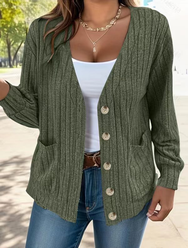 Women's Cardigan – Relaxed Fit – Ribbed Knit – Buttons – Hip Length – Pockets