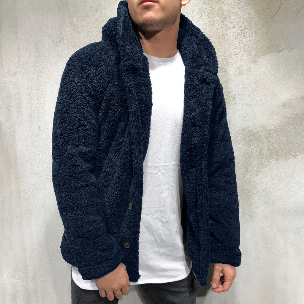 Men's Jacket with Hood – Plush Fleece – Relaxed Fit – Button Front