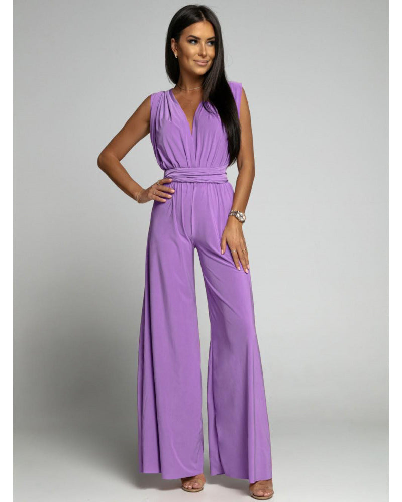Women's Jumpsuit – Sleeveless – Wrap V-Neckline – Wide Legs – Comfortable Fit