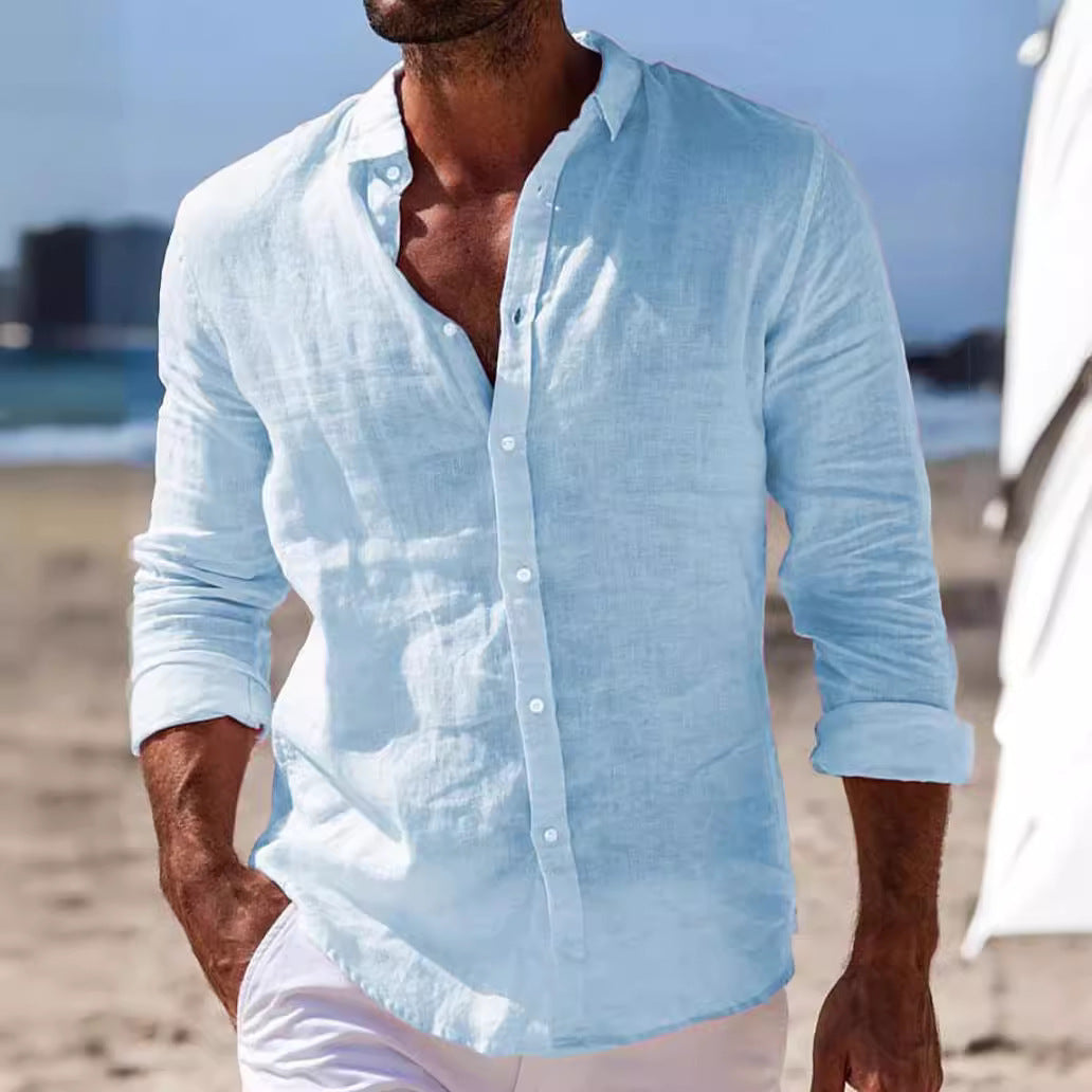 Men's Shirt with Buttons – Regular Fit – Long-Sleeved – Breathable Cotton-Linen Blend