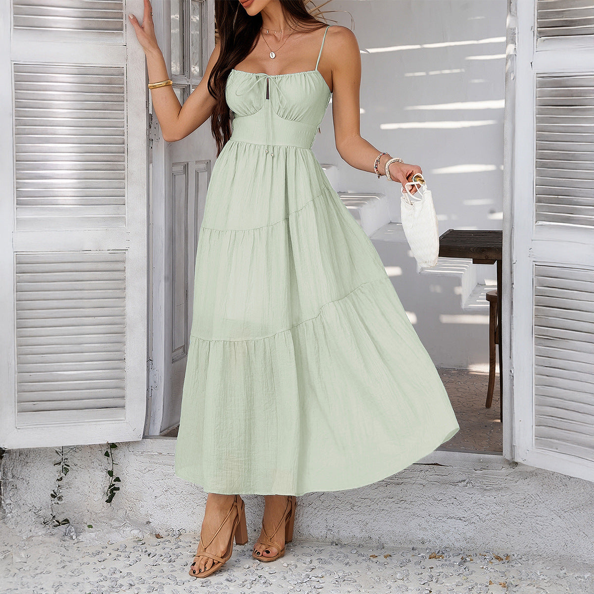 Dress woman maxi – elegant fit – empire waist – spaghetti straps – ruffle skirt