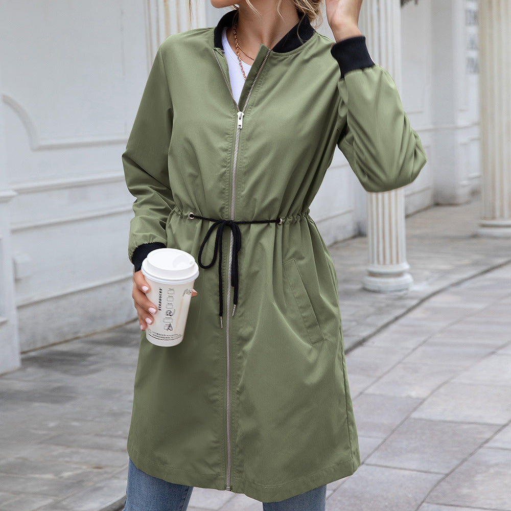 Women's Rain Jacket – Hood – Mid-length – Drawstring Waist – Relaxed Fit – Zipper