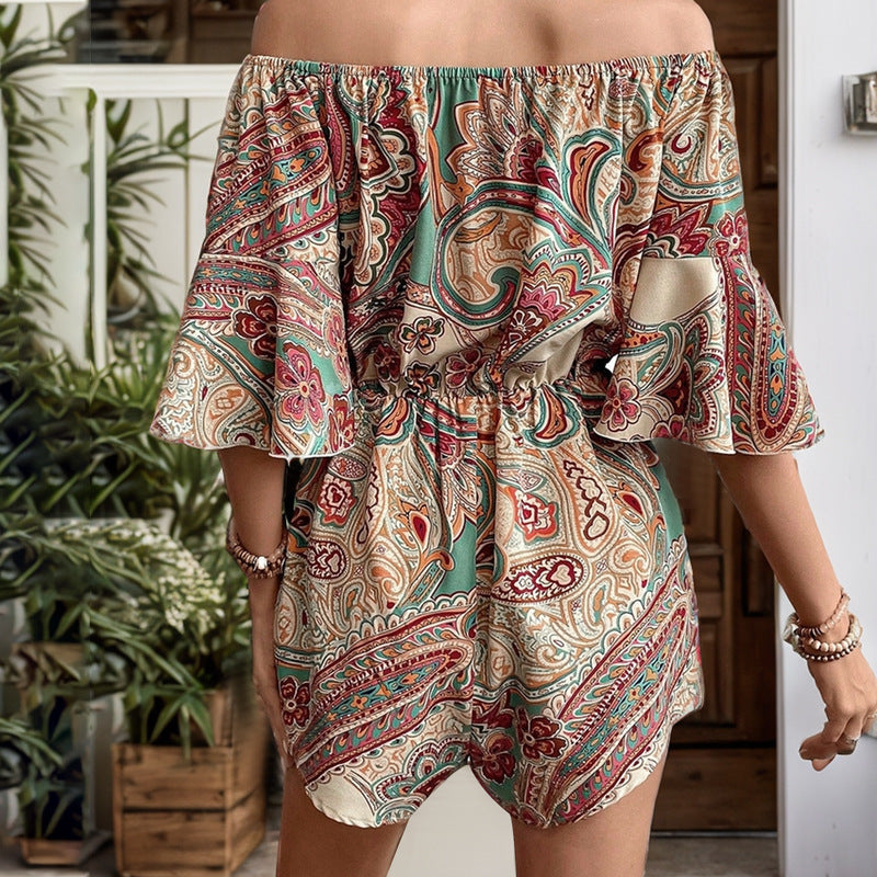 Dames romper – Bohemsk print – Off shoulder – Flagrende ermer – Avslappet passform