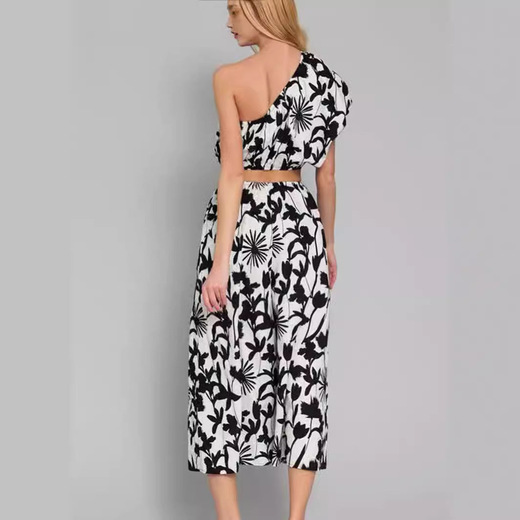 Women's jumpsuit – one shoulder – waist cut with ring – wide legs – cotton blend