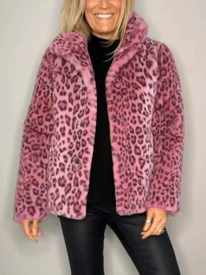 Women's Coat – Faux Fur – Oversized Fit – Animal Print – Open Front – Notch Collar