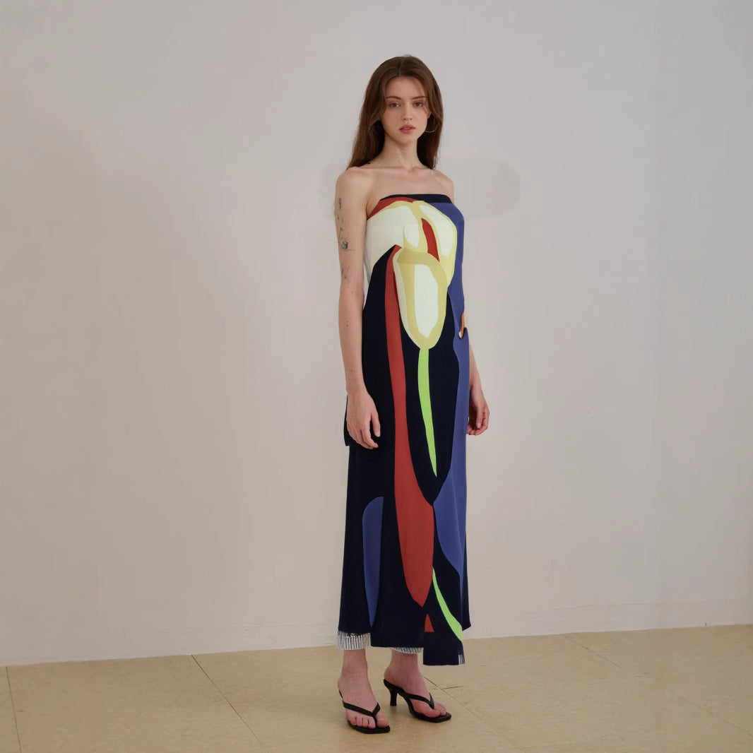 Women's Strapless Midi Dress – Light Fabric – Relaxed Fit – Abstract Pattern