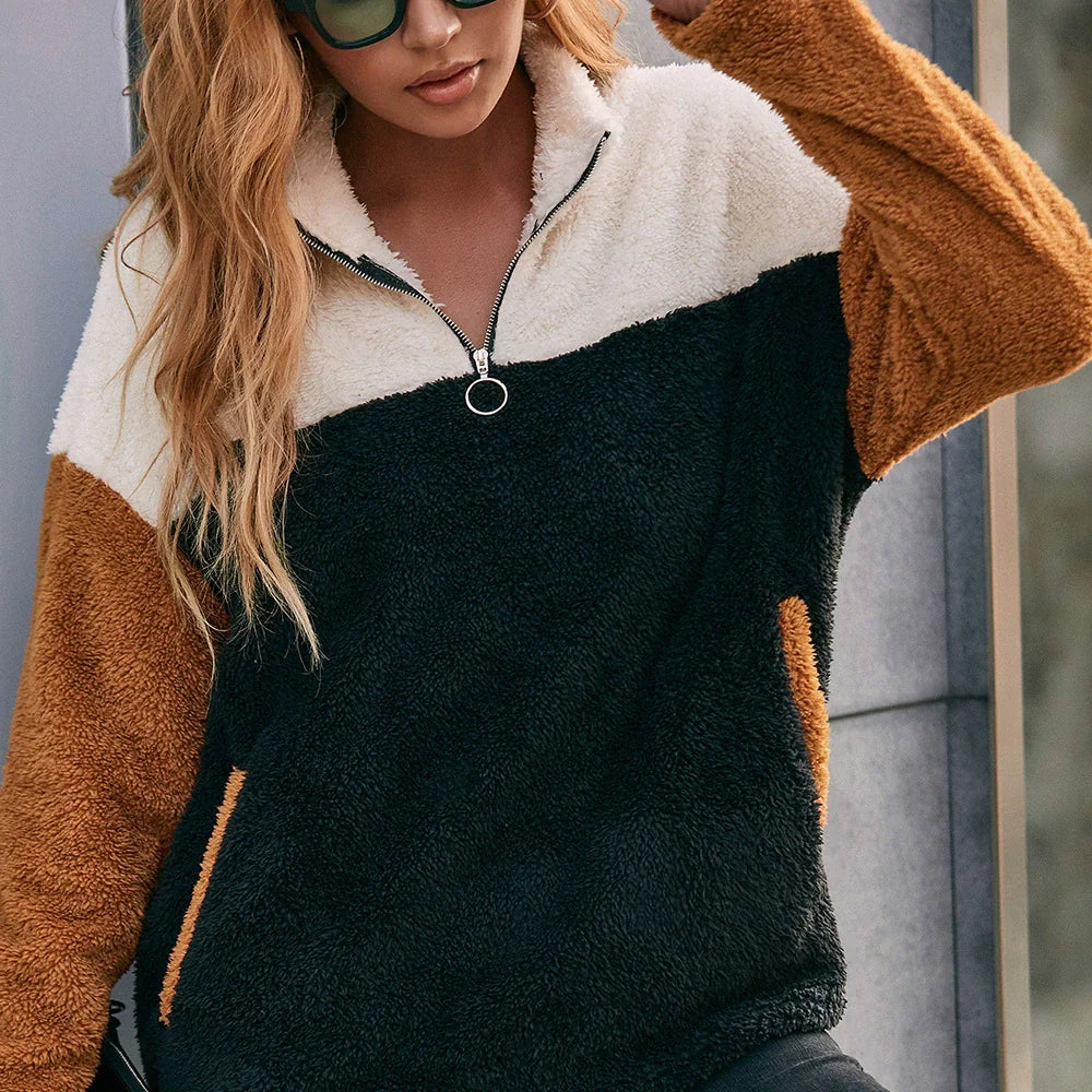 Women's Sweater – Oversized Fit – Soft Double-Sided Texture – Half Zip and Patch Look