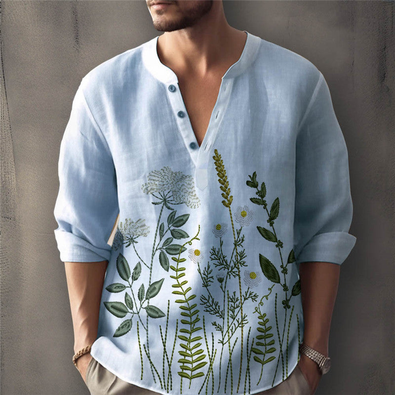 Men's Shirt – Relaxed Fit – Floral Embroidery – Henley Neck – Light Cotton Blend