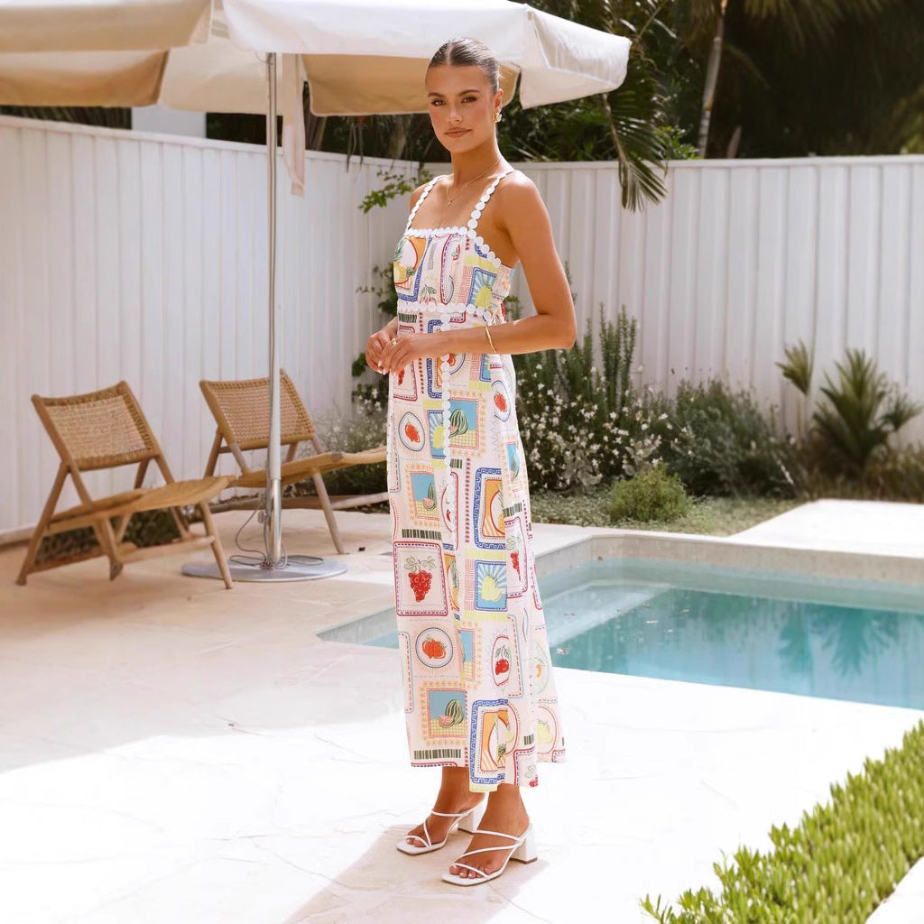 Women's Maxi Dress – Linen Blend – Loose Fit – Sleeveless – Geometric Pattern – Lace Trim