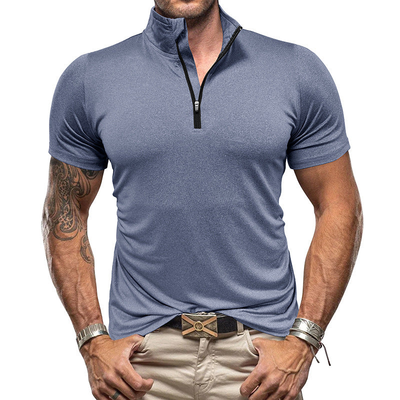 Men's Shirt – Slim Fit – Short Sleeve – Breathable – Stand Collar with Zipper