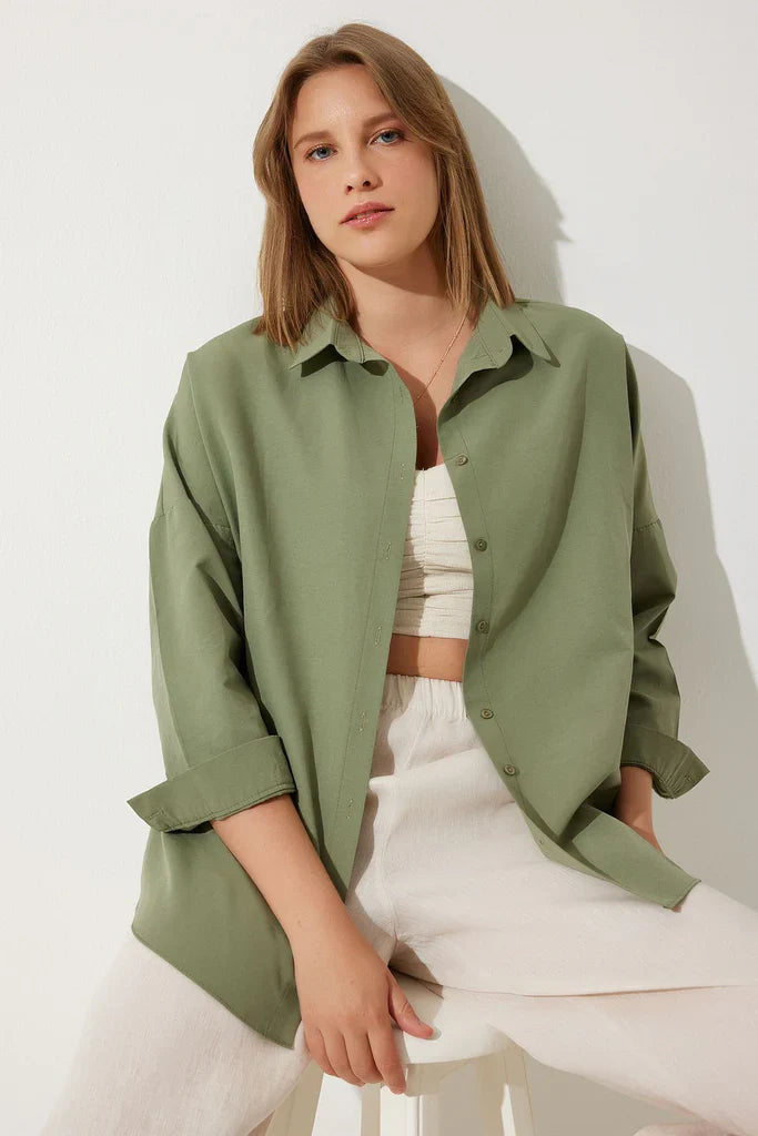 Women's Blouse – Oversized Fit – Long-Sleeved – Cotton Blend – Shirt Collar