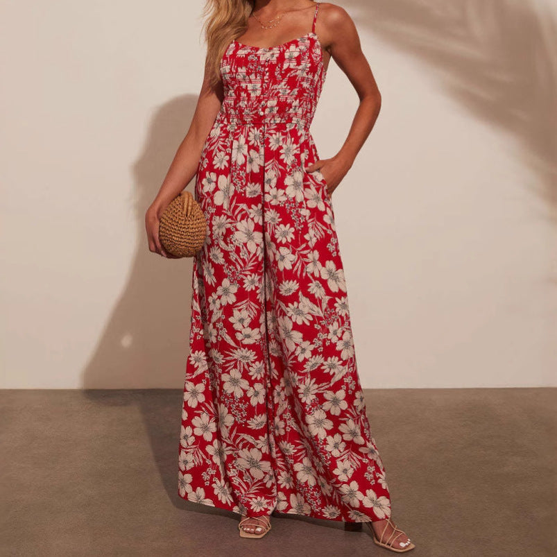 Dame Jumpsuit – Blomsterprint – Vid Ben – Smock Liv – Spagettistropper – Komfort Fit