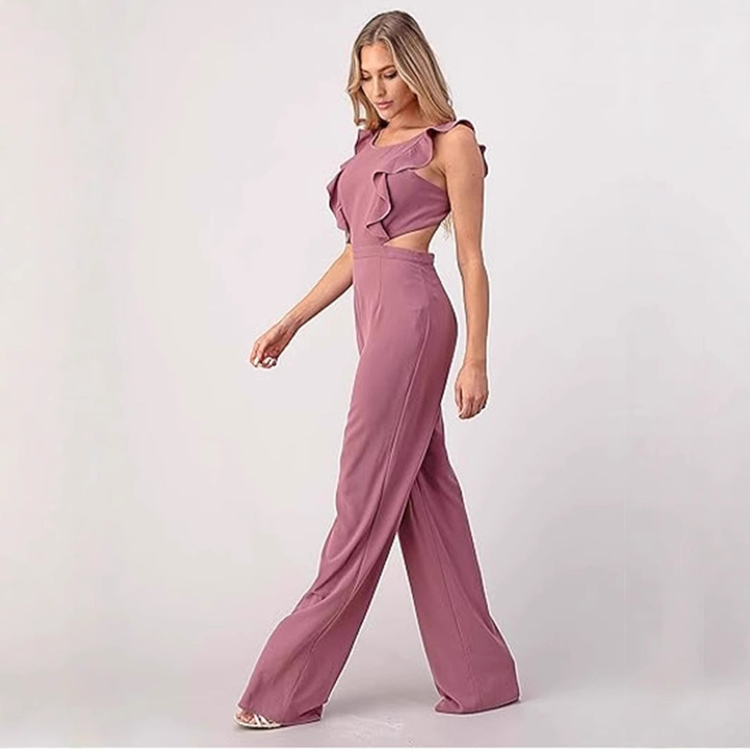 Women's jumpsuit – high waist – wide legs – sleeveless – ruffle details – cut-out waist