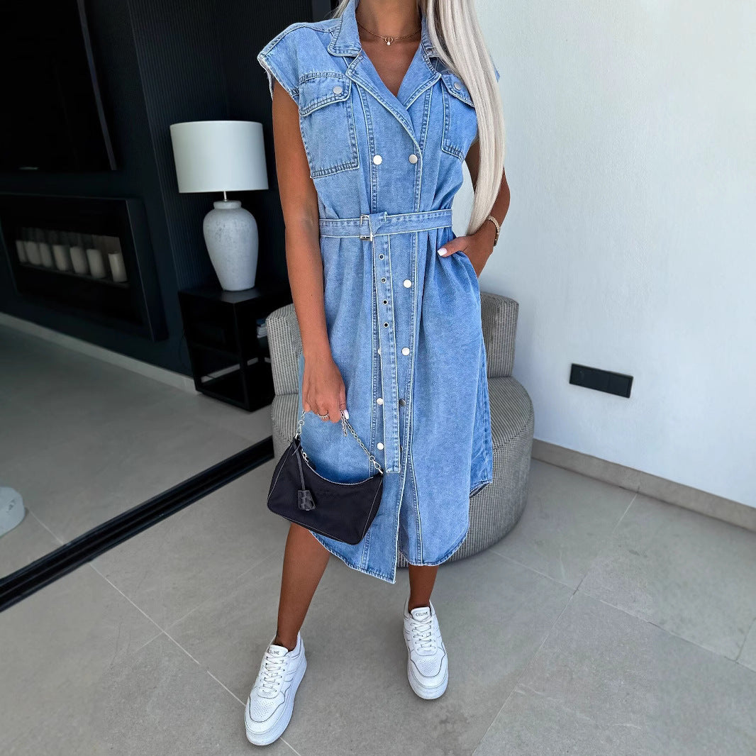 Women's Dress in Denim – Sleeveless – Knee-Length – Belt at Waist – Button Front
