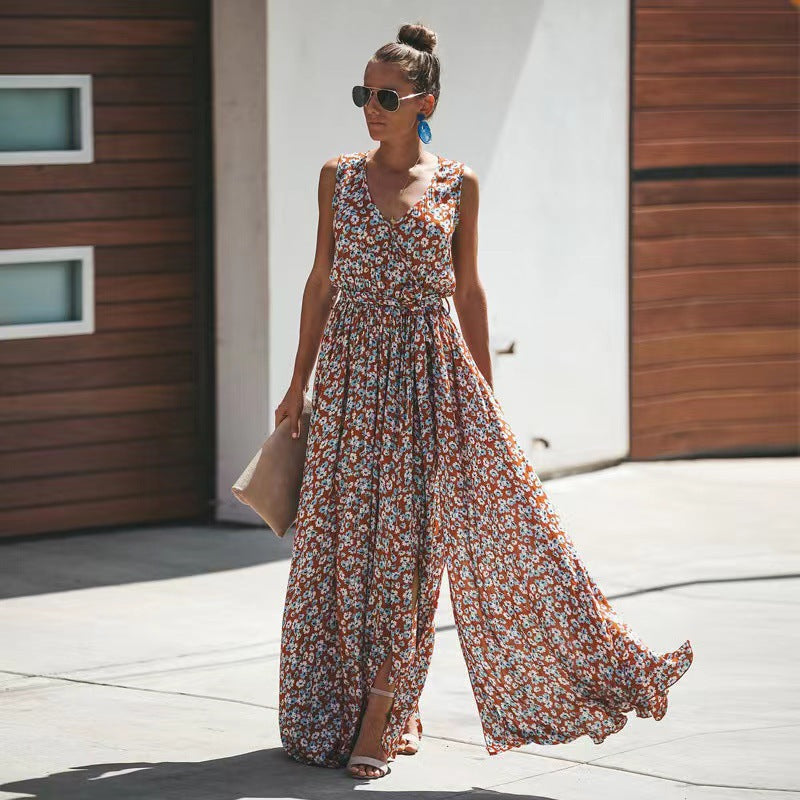 Dress for Women – Bohemian Maxi – Light Fabric – Deep V-neck – Fitted Waist